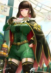 Rule 34 | 1girl, belt, black thighhighs, blunt bangs, boots, bottle, breasts, brown hair, cape, chair, cup, drinking glass, earrings, highres, hsin, jewelry, looking at viewer, monster hunter (series), monster hunter rise, purple eyes, rondine, short hair, smile, solo, table, thigh boots, thighhighs