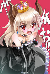 Rule 34 | 1girl, armlet, text background, bare shoulders, black collar, black dress, black gloves, black horns, blonde hair, blush, bowsette, bracelet, bridal gauntlets, collar, commentary request, detached sleeves, dress, frilled dress, frills, frown, gloves, highres, horns, jewelry, leaning forward, long hair, looking at viewer, mario (series), medium dress, new super mario bros. u deluxe, nintendo, open mouth, red background, red eyes, senomoto hisashi, solo, spiked armlet, spiked bracelet, spiked collar, spikes, standing, strapless, strapless dress, super crown, translated