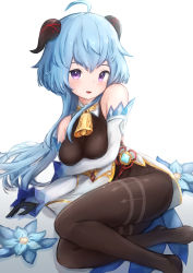 Rule 34 | 1girl, absurdres, ahoge, arm under breasts, bare shoulders, bell, black gloves, black legwear, blue flower, blue hair, blush, breasts, chinese knot, detached sleeves, flower, flower knot, ganyu (genshin impact), genshin impact, glaze lily, gloves, gold trim, highres, horns, long hair, looking at viewer, lying, medium breasts, neck bell, no shoes, on side, purple eyes, sidelocks, smile, solo, teruriu, thighlet, thighs, vision (genshin impact), white sleeves