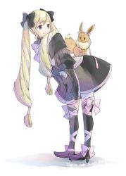 Rule 34 | 1girl, black bow, black gloves, blonde hair, bow, closed mouth, creatures (company), dated, dress, eevee, elise (fire emblem), fire emblem, fire emblem fates, full body, game freak, gen 1 pokemon, gloves, hair bow, high heels, long hair, looking back, multicolored hair, nintendo, pink bow, pink ribbon, pokemon, pokemon (creature), purple eyes, purple hair, ribbon, robaco, simple background, smile, twintails, twitter username, white background