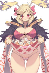 Rule 34 | 1girl, blonde hair, bow, breasts, cleavage, clothes lift, feathers, female focus, food, groin, hair bow, head wings, ice cream, ice cream cone, kaede (sayappa), large breasts, long hair, panties, pink eyes, ragnarok online, simple background, skindentation, skirt, skirt basket, skirt lift, smile, solo, sorcerer (ragnarok online), thigh gap, thighs, underwear, upskirt, wings