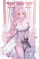 Rule 34 | 1girl, absurdres, animal ears, bare shoulders, breasts, chain, cleavage, closed mouth, cowboy shot, cuffs, dress, elbow gloves, fox ears, frilled dress, frilled sleeves, frills, gloves, highres, large breasts, long hair, looking at viewer, medium breasts, original, pink hair, restrained, shackles, solo, torii, very long hair, voruvoru, white dress, white sleeves, yellow eyes