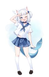 Rule 34 | 1girl, ;d, animal ears, arm at side, arm up, black footwear, blue choker, blue eyes, blue neckerchief, blue sailor collar, blue skirt, blunt bangs, blush, cat ears, choker, cocozasa, commentary request, fins, fish tail, full body, gawr gura, gawr gura (school uniform), hair bobbles, hair ornament, heart, hololive, hololive english, kneehighs, looking at viewer, midriff peek, miniskirt, navel, neckerchief, official alternate costume, one eye closed, open mouth, pleated skirt, sailor collar, salute, school uniform, serafuku, shark tail, sharp teeth, shoes, short hair, short sleeves, simple background, skirt, smile, socks, solo, standing, tail, teeth, two side up, virtual youtuber, white background, white hair, white serafuku, white socks