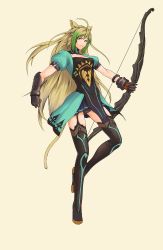 Rule 34 | 1girl, ahoge, animal ears, atalanta (fate), black panties, blonde hair, boots, bow (weapon), cat ears, dyed bangs, fate/apocrypha, fate (series), garter straps, green eyes, green hair, highres, hikichi sakuya, lion ears, lion tail, long hair, matching hair/eyes, multicolored hair, panties, solo, tail, thigh boots, thighhighs, two-tone hair, underwear, very long hair, weapon