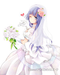Rule 34 | 1girl, blowing kiss, bouquet, breasts, bridal veil, choker, cleavage, date a live, dress, flower, from behind, gloves, hair flower, hair ornament, heart, hibiki mio, holding, holding bouquet, izayoi miku, large breasts, long dress, long hair, one eye closed, pink flower, purple hair, short sleeves, simple background, solo, veil, wedding dress, white background, white dress, white flower, white gloves, wink