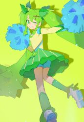 Rule 34 | 1girl, absurdres, blue shorts, blush, breasts, cheerleader, commentary request, creatures (company), fortissimo, game freak, grass miku (project voltage), green background, green eyes, green hair, green skirt, green socks, hair ornament, hand up, hatsune miku, highres, holding, holding pom poms, leaf hair ornament, long hair, long sleeves, looking at viewer, makagi2, musical note, musical note hair ornament, nintendo, one eye closed, open mouth, outstretched arm, pokemon, pom pom (cheerleading), pom poms, project voltage, shoes, shorts, skirt, small breasts, smile, socks, solo, standing, standing on one leg, twintails, very long hair, vocaloid, white footwear, x hair ornament