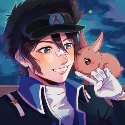 Rule 34 | 1boy, ace attorney, animal, animal on shoulder, black hair, black jacket, blue eyes, blue sky, blush, brown rabbit, buttons, clay terran, cloud, cloudy sky, collared jacket, finger to another&#039;s mouth, full moon, gloves, grin, hair between eyes, highres, jacket, looking at animal, m18280226378, male focus, moon, night, night sky, portrait, rabbit, shirt, short hair, sidelocks, sky, smile, solo, spiked hair, star (sky), starry sky, white gloves, white shirt