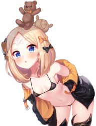 Rule 34 | 1girl, 2drr, :o, abigail williams (fate), abigail williams (traveling outfit) (fate), absurdres, bandages, bare shoulders, belt, bikini, black bikini, black bow, black jacket, blonde hair, blue eyes, blush, bow, breasts, cleavage, collarbone, covered erect nipples, fate/grand order, fate (series), hair bow, hair bun, highres, jacket, leaning forward, long hair, long sleeves, looking at viewer, navel, object on head, official alternate costume, open clothes, open jacket, open mouth, orange bow, parted bangs, polka dot, polka dot bow, simple background, single hair bun, skindentation, sleeves past fingers, sleeves past wrists, small breasts, solo, string bikini, stuffed animal, stuffed toy, swimsuit, teddy bear, teeth, upper teeth only, very long hair, white background