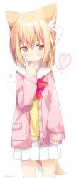 Rule 34 | 1girl, animal ear fluff, animal ears, blonde hair, blush, bow, brown eyes, closed mouth, commentary request, hair between eyes, hand up, heart, highres, index finger raised, jacket, miike-chan, nakkar, open clothes, open jacket, original, pink jacket, pleated skirt, red bow, sailor collar, shirt, simple background, skirt, solo, tail, white background, white sailor collar, white skirt, yellow shirt