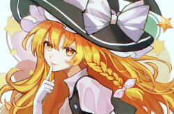 Rule 34 | 1girl, black hat, black vest, blonde hair, bow, braid, closed mouth, commentary, finger to mouth, from side, gloves, hair between eyes, hair bow, hand up, hat, highres, kirisame marisa, lips, long hair, looking at viewer, looking to the side, portrait, rivergod, shirt, single braid, smile, solo, star (symbol), touhou, turtleneck, vest, white bow, white gloves, white shirt, witch hat, yellow eyes