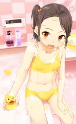 Rule 34 | 1girl, asymmetrical bangs, bad id, bad pixiv id, barefoot, bath, bathroom, bathtub, bikini, black hair, brown eyes, fang, from above, hand on own thigh, highres, indoors, looking at viewer, navel, nazo no niku, open mouth, original, rubber duck, shampoo, short hair, side ponytail, sitting, soap bubbles, solo, spread legs, swimsuit, water, yellow bikini