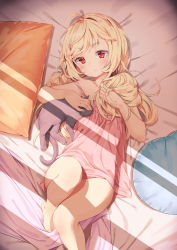 Rule 34 | 1girl, agnamore, ahoge, animal, bad id, bad pixiv id, bare arms, bare legs, bare shoulders, barefoot, bed sheet, blonde hair, blush, cat, closed mouth, collarbone, commentary request, dress, feet out of frame, highres, korean commentary, long hair, lying, on back, original, pillow, pink dress, red eyes, sleeveless, sleeveless dress, solo, sunlight