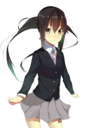 Rule 34 | 1girl, bad id, bad pixiv id, black hair, brown eyes, foreshortening, k-on!, koba, long hair, looking at viewer, nakano azusa, pleated skirt, ribbon, school uniform, skirt, solo, standing, twintails, white background