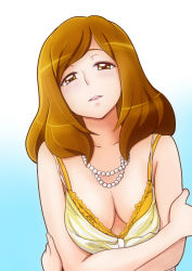 Rule 34 | 10s, 1girl, bakusai, blue background, blush, breasts, brown eyes, brown hair, cleavage, dress, eyelashes, gradient background, jewelry, kise chiharu, large breasts, long hair, looking at viewer, mature female, necklace, precure, smile precure!, solo, white background