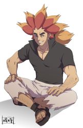 Rule 34 | 1boy, alder (pokemon), arm hair, clenched teeth, collared shirt, commentary request, creatures (company), full body, game freak, grey pants, grin, highres, leg hair, male focus, multicolored hair, nintendo, orange hair, pants, pokemon, pokemon bw, popped collar, red hair, sandals, sanwari (aruji yume), shirt, short sleeves, sitting, smile, solo, teeth, toes, torn clothes, torn pants, two-tone hair