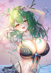 Rule 34 | 1girl, absurdres, antlers, armpits, arms up, bikini, bikini skirt, black bikini, blush, braid, braided bangs, breasts, ceres fauna, cleavage, flower, green hair, hair flower, hair ornament, highleg, highleg bikini, highres, hololive, hololive english, horns, large breasts, looking at viewer, mito soosu, mole, mole under eye, navel, one eye closed, open mouth, outdoors, partially submerged, planet hair ornament, smile, solo, swimsuit, upper body, virtual youtuber, yellow eyes
