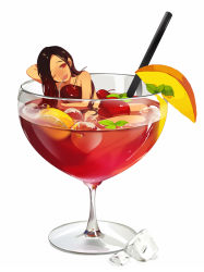 Rule 34 | 1girl, black hair, cherry, cup, drink, drinking straw, face, food, food focus, fruit, ice, in container, in cup, in food, lemon, lemon slice, long hair, mango, mini person, minigirl, mint, nude, one eye closed, original, red eyes, solo, tako ashin, wink