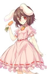 Rule 34 | 1girl, animal ears, brown hair, carrot, carrot necklace, closed mouth, dress, eating, food, food on face, highres, holding, inaba tewi, jewelry, looking at viewer, necklace, oborofu, pink dress, rabbit ears, red eyes, short hair, short sleeves, simple background, solo, touhou, white background