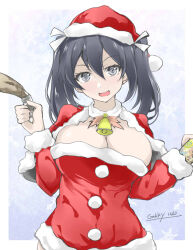 Rule 34 | 1girl, alternate costume, blue background, blue hair, border, breasts, capelet, christmas, cleavage, detached collar, dress, food, fur-trimmed dress, fur trim, gakky, gradient background, hair ribbon, hat, kantai collection, large breasts, looking at viewer, open mouth, red capelet, red dress, red hat, ribbon, santa costume, santa dress, santa hat, smile, snowflake background, solo, souryuu (kancolle), turkey (food), turkey leg, twintails, white border