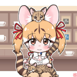 Rule 34 | 1girl, animal ears, bow, bowtie, brown eyes, brown hair, cafe, cat, cat ears, cat girl, cat tail, closed mouth, cup, extra ears, highres, kemono friends, kemono friends v project, kneehighs, large-spotted genet (kemono friends), long hair, looking at viewer, mabuta (mbt), microphone, ribbon, shirt, skirt, socks, suspenders, tail, teacup, twintails, virtual youtuber