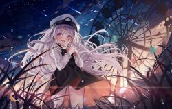 Rule 34 | 1girl, azur lane, black dress, blurry, blurry foreground, blush, comet, dress, evening, ferris wheel, grass, hat, heaven&#039;s melody, highres, little enterprise (azur lane), long hair, looking at viewer, meteor shower, open mouth, own hands together, peaked cap, pinafore dress, purple eyes, scenery, shirt, sleeveless, sleeveless dress, smile, standing, sunset, twilight, very long hair, white hair, white hat, white shirt