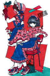 Rule 34 | 2girls, apron, aqua eyes, arm rest, barcode, bottle, bow, chair, cherry print, dress, duster, food print, from behind, gloves, grey hair, high heels, highres, limited palette, looking at another, looking at viewer, maid, maid apron, maid headdress, mask, mole, mole on cheek, mole under eye, mop, mouth mask, multiple girls, original, pink dress, rag, red eyes, red hair, shoes, short hair, sitting, smile, sneakers, spray bottle, twitter username, yamakita higashi