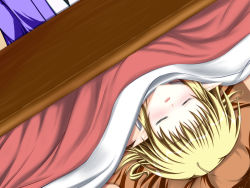 Rule 34 | 1girl, blonde hair, blush, dutch angle, closed eyes, female focus, hoshizuki (seigetsu), kotatsu, mizuhashi parsee, pointy ears, short hair, sleeping, solo, table, touhou, under kotatsu, under table, upside-down
