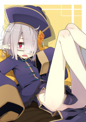 Rule 34 | 1girl, black-framed eyewear, feet out of frame, flat chest, glasses, grey hair, hair over one eye, hat, highres, jiangshi, legs up, letty (ogami kazuki), looking at viewer, lying, no panties, ofuda, ogami kazuki, on back, open mouth, original, pale skin, pointy ears, qingdai guanmao, red eyes, short hair, sleeves past wrists, solo, vampire