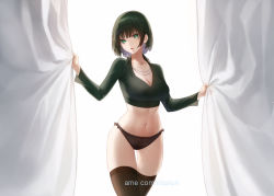 Rule 34 | 1girl, artist request, black panties, black shirt, black thighhighs, blouse, collared shirt, dark green hair, fubuki (one-punch man), green eyes, jewelry, long sleeves, necklace, one-punch man, panties, resolution mismatch, shirt, solo, source larger, thighhighs, thighs, underwear