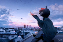 Rule 34 | 1girl, ahoge, amatori chika, bird, black gloves, black hair, boots, cape, city, cloud, day, floating hair, flock, from side, gloves, knee boots, kyte2012, long sleeves, morning, on roof, on one knee, outdoors, profile, short hair, signature, sky, solo, sunrise, wind, world trigger