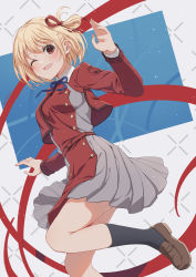 Rule 34 | 1girl, ;d, black socks, blonde hair, blush, breasts, brown footwear, commentary request, dress, grey dress, hair ribbon, highres, loafers, long sleeves, lycoris recoil, medium breasts, nishikigi chisato, one eye closed, open mouth, pleated dress, red dress, red eyes, red ribbon, ribbon, shoes, smile, socks, solo, standing, standing on one leg, two-tone dress, yoshino ryou