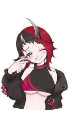 Rule 34 | 1girl, black hair, black jacket, black nails, black sports bra, blue eyes, blush, breasts, chain, commentary request, cropped torso, demon girl, demon horns, ear chain, ear piercing, grin, highres, horns, jacket, large breasts, looking at viewer, multicolored hair, nail polish, nanashi inc., one eye closed, open clothes, open jacket, piercing, pointy ears, red hair, red sports bra, ryugasaki rene, ryugasaki rene (1st costume), short hair, simple background, smile, solo, sports bra, star (symbol), sugar lyric, tamotsu (mary), two-tone hair, underboob, upper body, v, virtual youtuber, white background