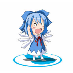 Rule 34 | 1girl, bad id, bad pixiv id, blue hair, chibi, circled 9, cirno, dress, female focus, phantasmagoria of flower view, qoo, simple background, solo, touhou, white background, wings