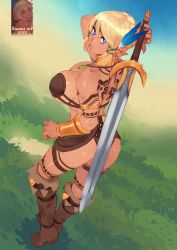 Rule 34 | 1girl, 2018, absurdres, arm tattoo, armlet, armor, ass, warrior of light (ff14), back tattoo, bare shoulders, bikini armor, blonde hair, blue eyes, boots, borrowed character, bracer, braid, breasts, cleavage, commentary, commission, commissioner upload, crown braid, dark-skinned female, dark elf, dark skin, earrings, elezen, elf, english commentary, feather hair ornament, feathers, fillia einhart, final fantasy, final fantasy xiv, from behind, green headband, hair ornament, headband, highres, holding, holding sword, holding weapon, jewelry, knee pads, large breasts, leg tattoo, looking back, neck ring, original, pointy ears, second-party source, short hair, sidelocks, solo, sunna (nilsunna), sword, sword behind back, tattoo, thick thighs, thigh boots, thighhighs, thighs, underboob, watermark, weapon, zweihander