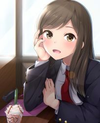 Rule 34 | 1girl, black jacket, booklet, brown eyes, brown hair, desk, drink, drinking straw, hand on own cheek, hand on own face, highres, jacket, kotohane, looking at viewer, necktie, open clothes, open jacket, open mouth, original, red necktie, school uniform, shirt, solo, stapler, white shirt