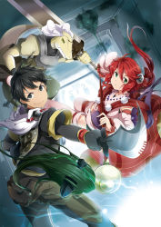 Rule 34 | 1boy, 1girl, armor, black hair, breastplate, broadsword, creature, dagger, detached sleeves, fantasy, from behind, fuyuzora minori, greatsword, green eyes, hair ornament, highres, holding, holding dagger, holding knife, holding staff, holding sword, holding weapon, hood, hood down, huge weapon, knife, left-handed, lightning, looking at viewer, looking back, monster, novel illustration, official art, over shoulder, red hair, scales, short hair, staff, sword, sword over shoulder, tail, uosato koukou dungeon-bu!, weapon, weapon over shoulder