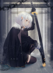 Rule 34 | 1girl, ano54, black gloves, black skirt, black thighhighs, blurry, chain, clothes on shoulders, depth of field, earrings, gloves, grey eyes, hair between eyes, highres, holding, holding sword, holding weapon, jewelry, katana, looking down, original, pointy ears, short hair, signature, silver hair, skirt, solo, squatting, sword, thighhighs, weapon, zettai ryouiki