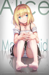 Rule 34 | 1girl, absurdres, alice margatroid, ass, bare shoulders, barefoot, black skirt, blonde hair, blue eyes, blue panties, character name, collarbone, commentary request, cross, cross necklace, feet, floor, full body, gradient background, grey background, hairband, head tilt, highres, interlocked fingers, jewelry, looking at viewer, necklace, no shoes, off-shoulder shirt, off shoulder, panties, pantyshot, petals, red hairband, reflection, ruochongsang, shirt, short hair, short sleeves, sitting, skirt, smile, solo, striped clothes, striped panties, thighhighs, thighs, touhou, underwear, white panties, white shirt, white thighhighs