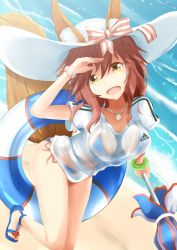 Rule 34 | 10s, 1girl, adidas, animal ears, bikini, bikini under clothes, blush, breasts, brown hair, cleavage, collarbone, day, fate/extra, fate/grand order, fate (series), fox, fox ears, fox tail, hat, innertube, jewelry, joko jmc, large breasts, long hair, looking at viewer, necklace, ocean, open mouth, outdoors, parasol, pink hair, ribbon, see-through, shirt, solo, swim ring, swimsuit, tail, tamamo (fate), tamamo no mae (fate/extra), tamamo no mae (swimsuit lancer) (fate), type-moon, umbrella, wet, wet clothes, wet shirt, yellow eyes