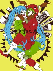 Rule 34 | 2girls, alternate costume, aqua hair, building, coat, eyelashes, gloves, green hair, grin, gumi, hand on another&#039;s face, hands on another&#039;s face, hatsune miku, hood, hoodie, long hair, mam233, matryoshka (vocaloid), multiple girls, one eye closed, open mouth, pants, sandals, sharp teeth, smile, star (symbol), teeth, twintails, vocaloid, wink