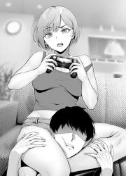 Rule 34 | 1boy, 1girl, asphyxiation, blurry, blurry background, bob cut, casual, controller, couch, faceless, faceless male, femdom, game controller, gentsuki, greyscale, hands on thighs, headlock, highres, leg lock, monochrome, off shoulder, open mouth, original, playing games, scissorhold, short hair, short shorts, shorts, sitting, strangling