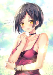 Rule 34 | 1girl, ada wong, bare arms, black bra, black hair, blush, bob cut, bra, bracelet, breasts, choker, cleavage, collarbone, dress, english text, green background, hand to own mouth, highres, jewelry, looking at viewer, march-bunny, medium breasts, open mouth, parted bangs, red dress, resident evil, resident evil 2, short hair, simple background, sleeveless, sleeveless dress, smile, solo, speech bubble, underwear, upper body, watch, wristwatch, yellow eyes
