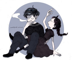 Rule 34 | 1boy, 1girl, ankle socks, baggy pants, black hair, braid, braided ponytail, cigarette, circle, dress, holding, holding cigarette, holding person, limited palette, long hair, looking at hand, looking to the side, matsuo mono, nail polish, no nose, open mouth, original, pants, shirt, shoes, short hair, signature, simple background, single braid, sketch, smoke, smoking, socks