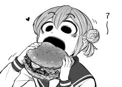 Rule 34 | 1girl, 4shi, burger, commentary request, dango-chan (4shi), food, greyscale, hair between eyes, hair bun, heart, highres, holding, holding food, hollow eyes, long sleeves, looking at food, monochrome, open mouth, original, portrait, school uniform, serafuku, short hair, simple background, solo, white background