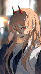 Rule 34 | 1girl, black necktie, blonde hair, blurry, blurry background, breasts, chainsaw man, collared shirt, cross-shaped pupils, hair between eyes, highres, horns, jacket, jacket partially removed, long hair, looking at viewer, medium breasts, necktie, open mouth, power (chainsaw man), red eyes, red horns, sharp teeth, shirt, solo, symbol-shaped pupils, teeth, tongue, tongue out, white shirt, xiaojiaju
