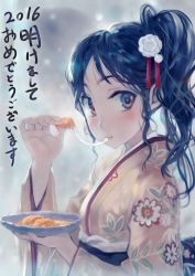 Rule 34 | 10s, 1girl, 2016, :t, black hair, blush, bob (biyonbiyon), brown eyes, plate, eating, flower, food, hair flower, hair ornament, happy new year, highres, holding, holding food, holding plate, japanese clothes, kimono, looking at viewer, mochi, new year, original, plate, ponytail, smile, solo, wagashi