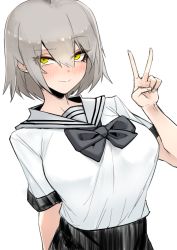 Rule 34 | 1girl, blush, breasts, fate/grand order, fate (series), grey hair, hair between eyes, j.k., jeanne d&#039;arc (fate), jeanne d&#039;arc alter (avenger) (fate), jeanne d&#039;arc alter (fate), looking at viewer, school uniform, serafuku, shirt tucked in, short hair, simple background, smile, solo, v, white background, yellow eyes