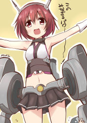 Rule 34 | 1girl, absurdres, arms up, artist name, brown hair, cosplay, gloves, hairband, highres, kantai collection, machinery, midriff, miniskirt, mutsu (kancolle) (cosplay), mutsu (kancolle), mutsuki (kancolle), navel, open mouth, outstretched arms, pink eyes, ryuki (ryukisukune), short hair, skirt, smile, solo, white gloves