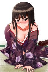 Rule 34 | 1girl, all fours, bare shoulders, beer bottle, black eyes, black hair, black kimono, blunt bangs, blush, breasts, cleavage, closed mouth, commentary request, drunk, fingernails, floral print, girls und panzer, hachiko (kota091986), half-closed eyes, highres, japanese clothes, kimono, large breasts, long hair, long sleeves, looking at viewer, mature female, nishizumi shiho, off shoulder, partial commentary, print kimono, sharp fingernails, smile, solo, straight hair, tatami, white background
