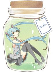 Rule 34 | 1girl, aqua hair, bad id, bad pixiv id, boots, bottle, character name, cork, hatsune miku, in bottle, in container, long hair, moocho, necktie, sitting, skirt, solo, thigh boots, thighhighs, twintails, very long hair, vocaloid
